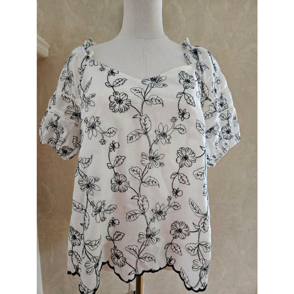 Solitaire Tops - NWT Solitaire Short Sleeve Ruffle Embroidered Black Floral Lined Blouse-Large